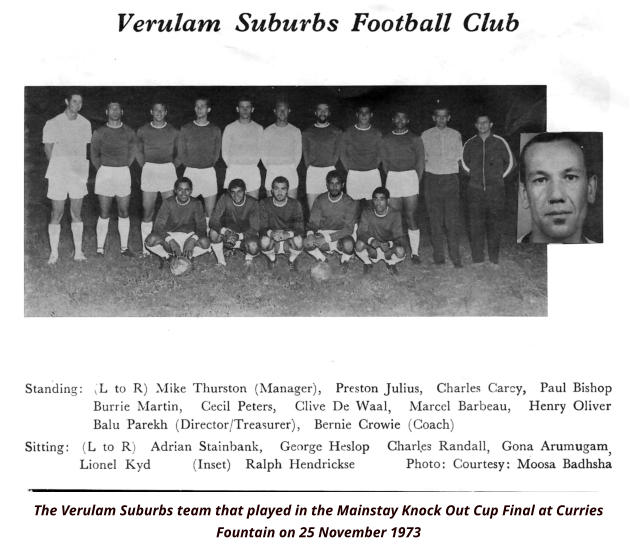 The Verulam Suburbs team that played in the Mainstay Knock Out Cup Final at Curries Fountain on 25 November 1973